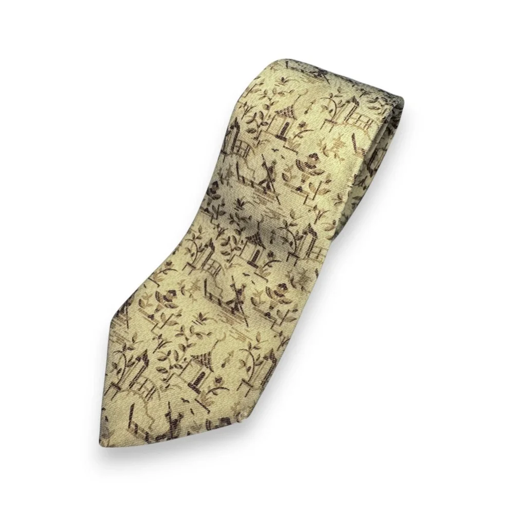 Salvatore Ferragamo Tie 100% Silk Yellow Brown Asian Print Novelty Office Career